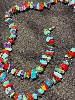 925 Sterling  Gemstone Chip Necklace Turquoise Coral Amethyst